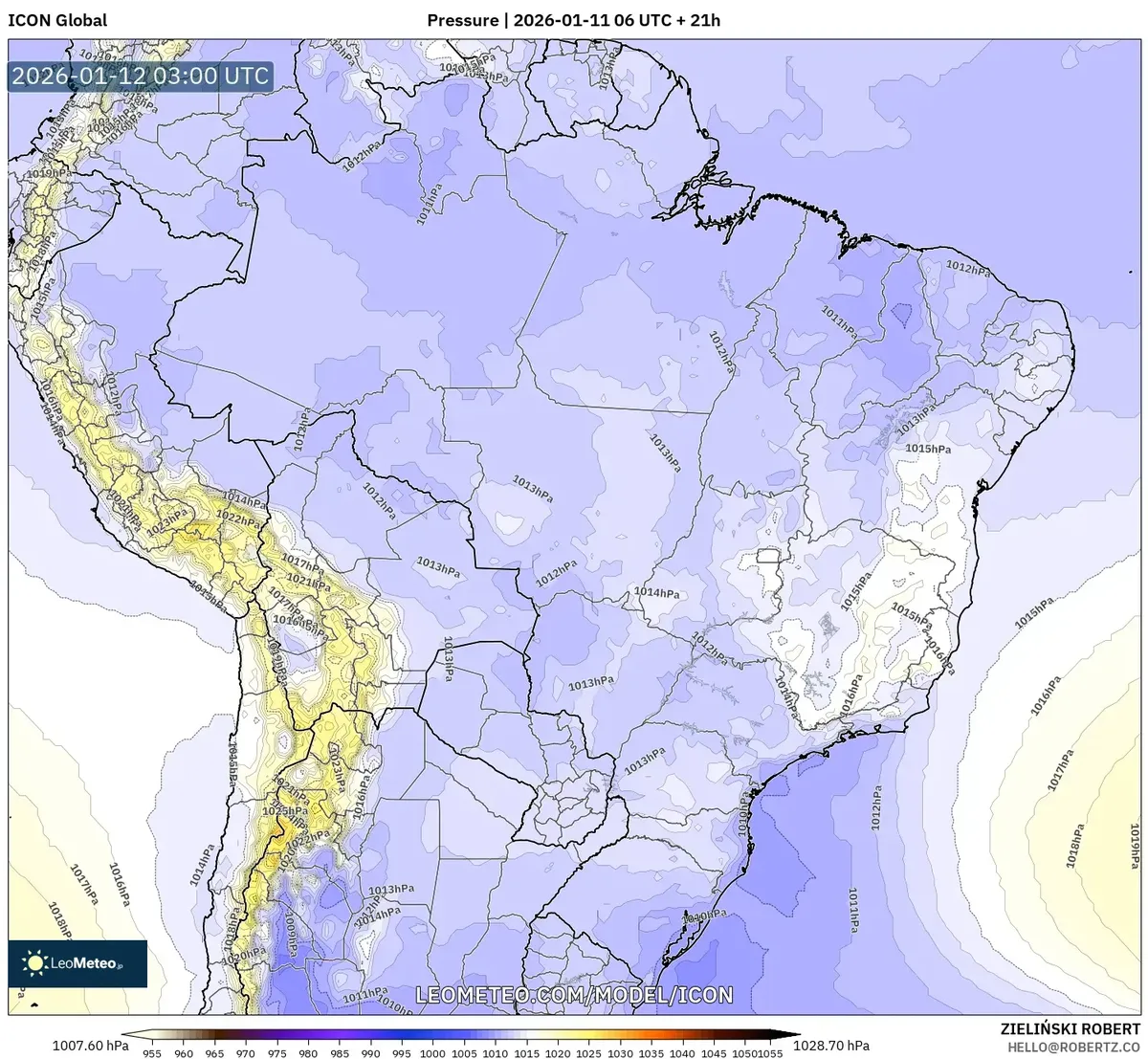 Mapa de Pressão ao Nível Médio do Mar – 12 de janeiro de 2026