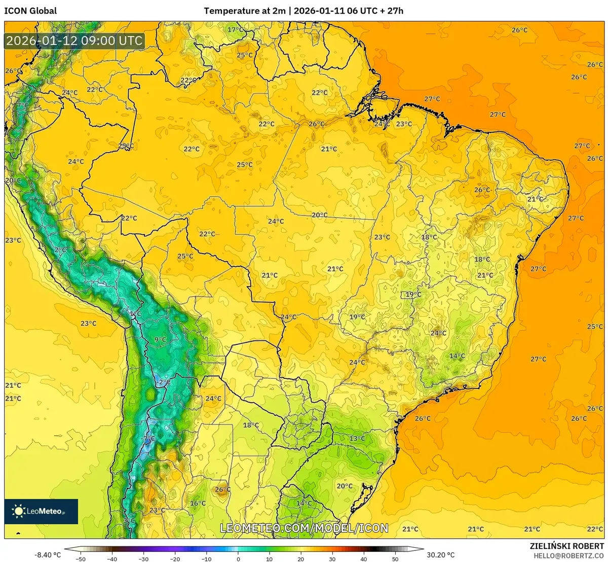 Temperatura a 2 m no Brasil – 12 de janeiro de 2026