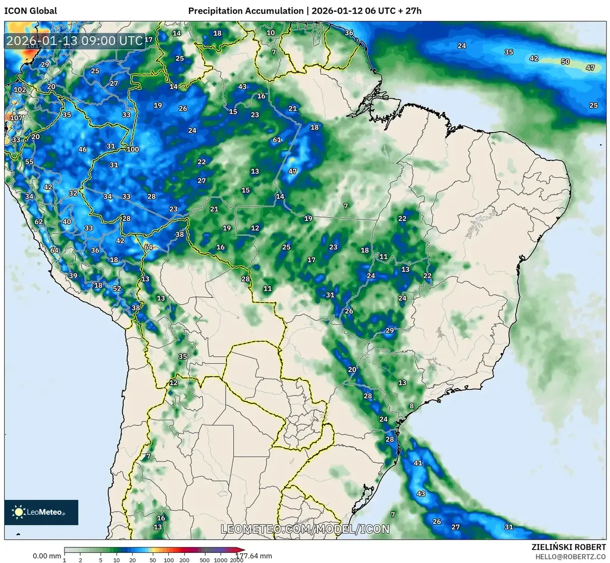 Acumulado de Chuva Intensa sobre o Centro do Brasil – 13 de janeiro de 2026