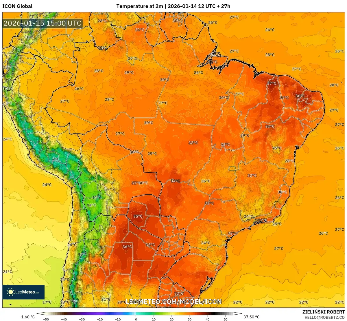 Pico de temperatura máxima em São Paulo em 15 de janeiro de 2026