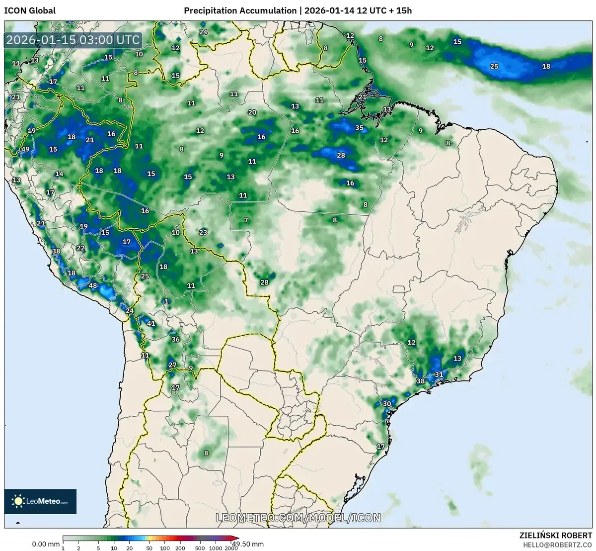 Acúmulo de chuva intensa sobre o Brasil Central em 15 de janeiro de 2026