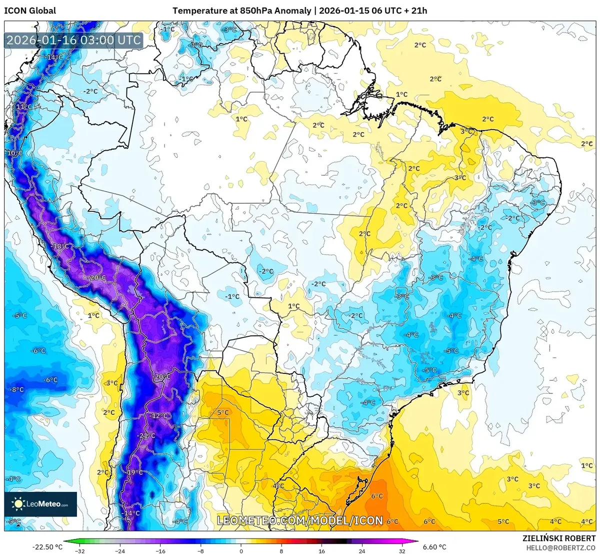 Anomalia de Temperatura no Sul em 16 de janeiro de 2026