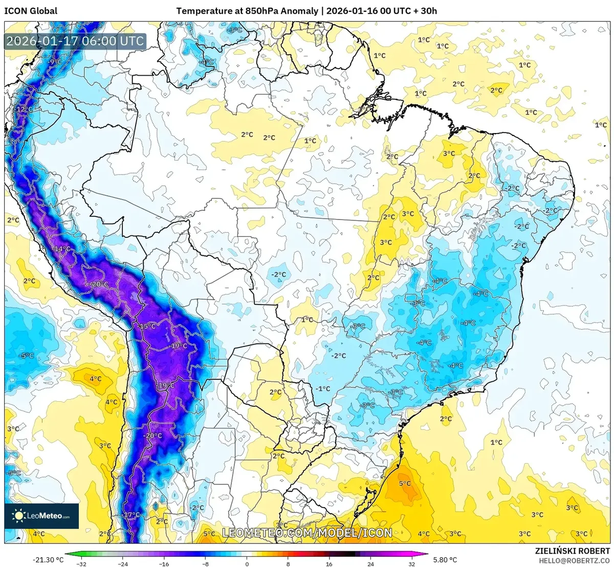Anomalia de Temperatura nas Regiões Centrais em 17 de Janeiro de 2026