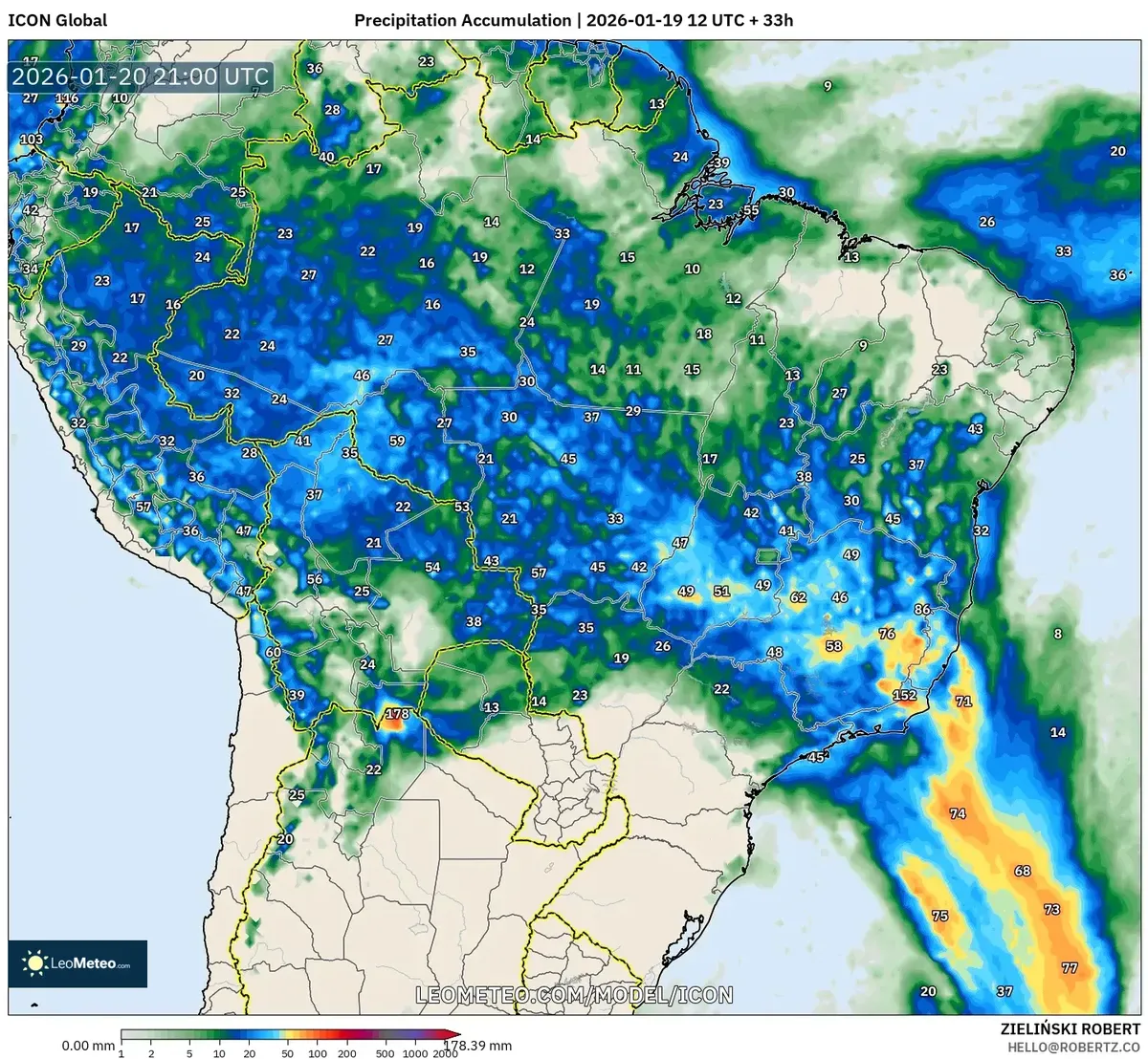 Acúmulo de Precipitação no Centro do Brasil em 20 de janeiro de 2026
