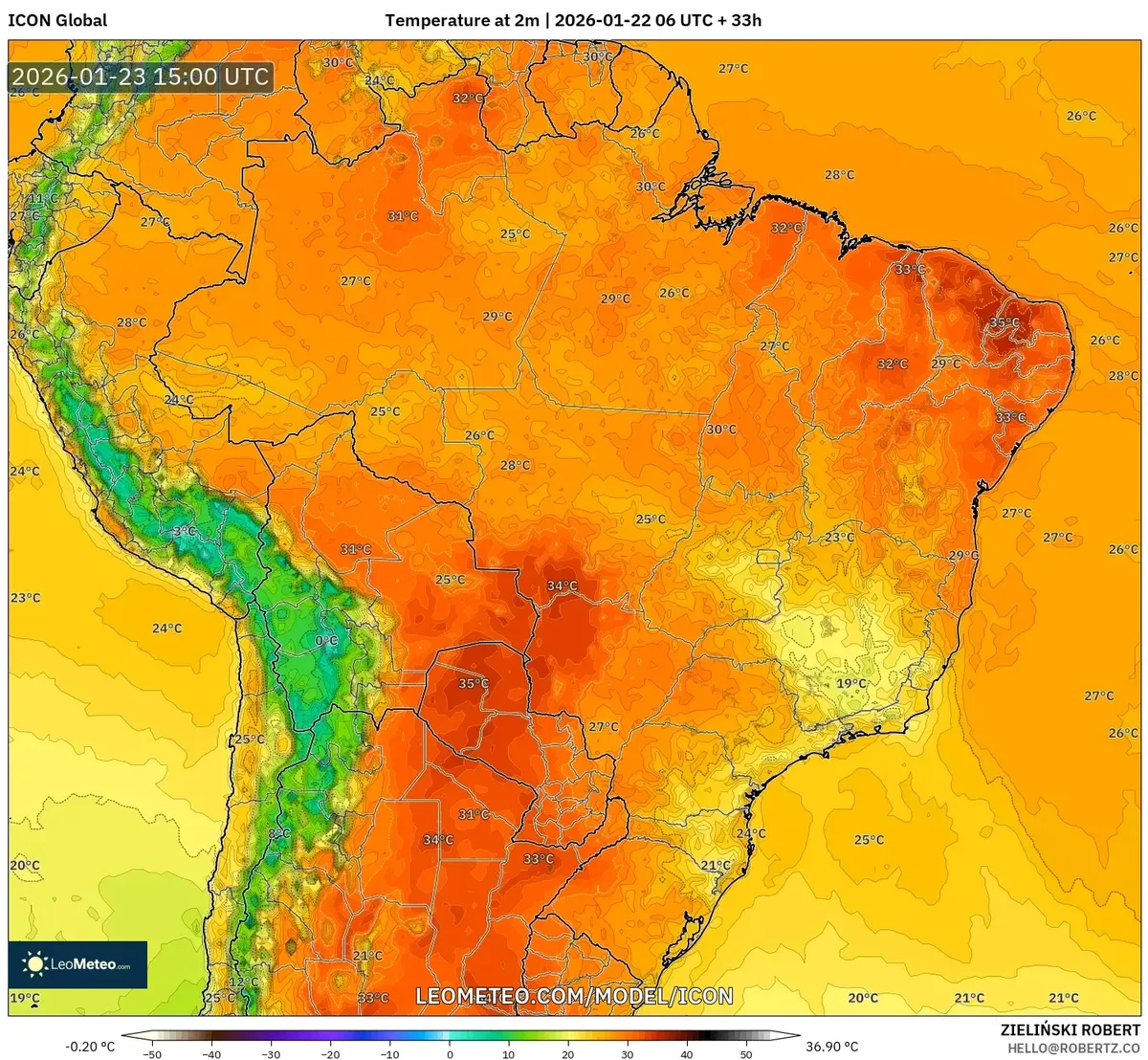 Anomalia de Temperatura a 2 m no Sul do Brasil em 23 de janeiro de 2026