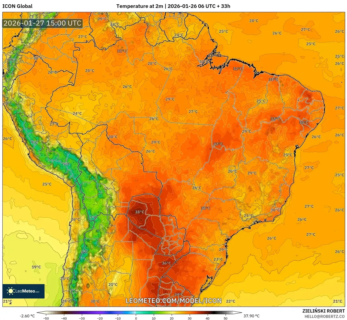 Temperaturas máximas durante o dia no Brasil Central em 27 de janeiro de 2026