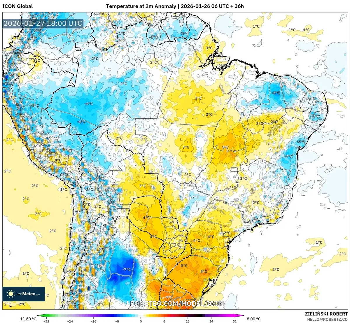 Anomalia de temperatura nas regiões Central e Sul em 27 de janeiro de 2026