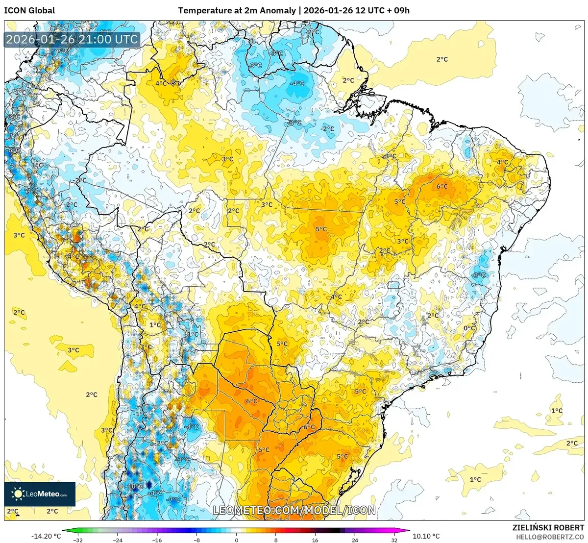 Anomalia de temperatura no Sul do Brasil em 26 de janeiro de 2026