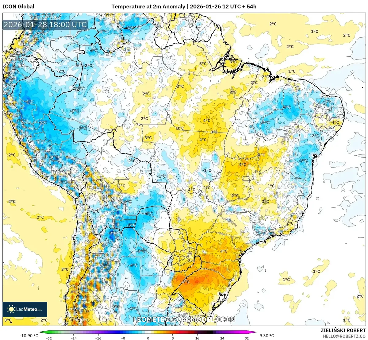 Anomalia de temperatura no Centro do Brasil em 28 de janeiro de 2026