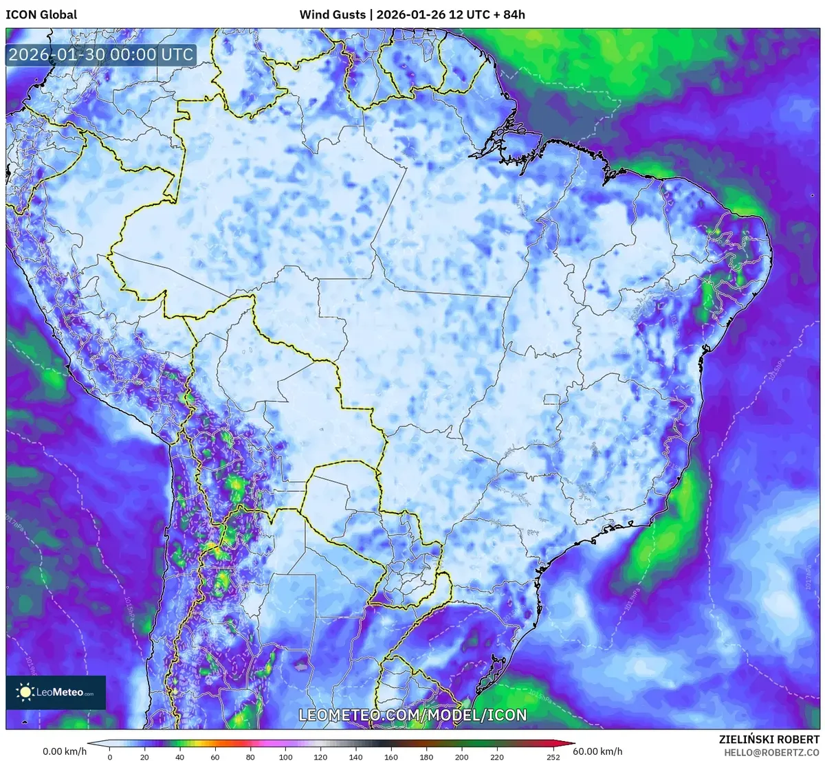 Rajadas de vento fortes ao longo da costa atlântica em 29 de janeiro de 2026