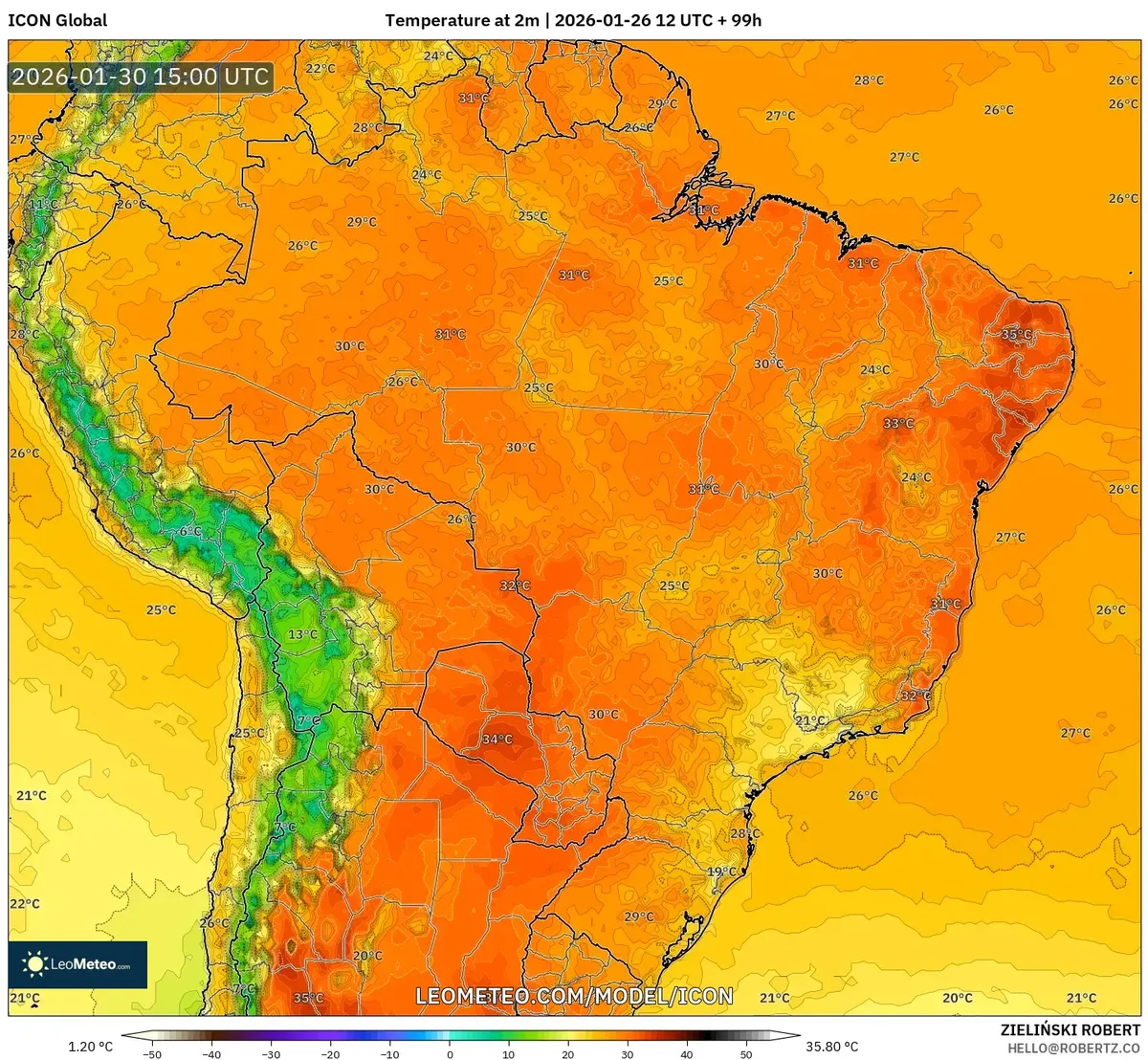 Temperatura máxima diurna no Brasil em 30 de janeiro de 2026