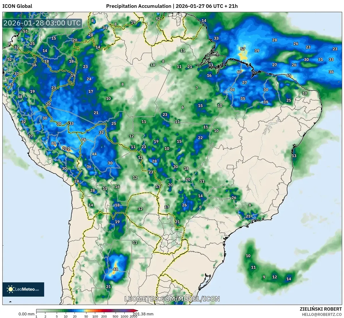 Previsão de Acumulado de Precipitação em 28 de janeiro de 2026