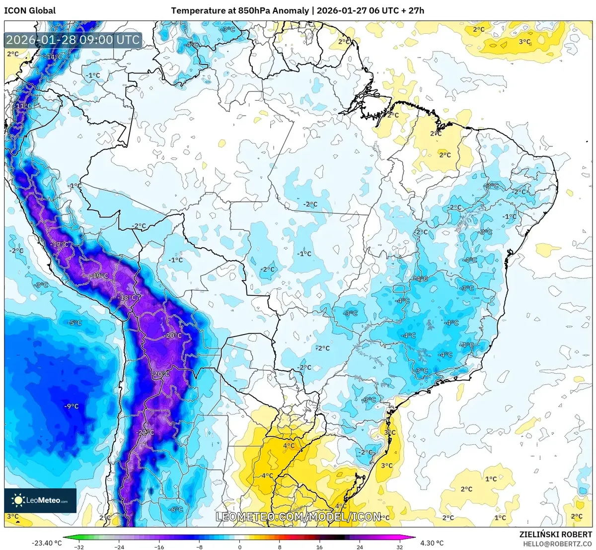 Anomalia de Temperatura em 850 hPa em 28 de janeiro de 2026