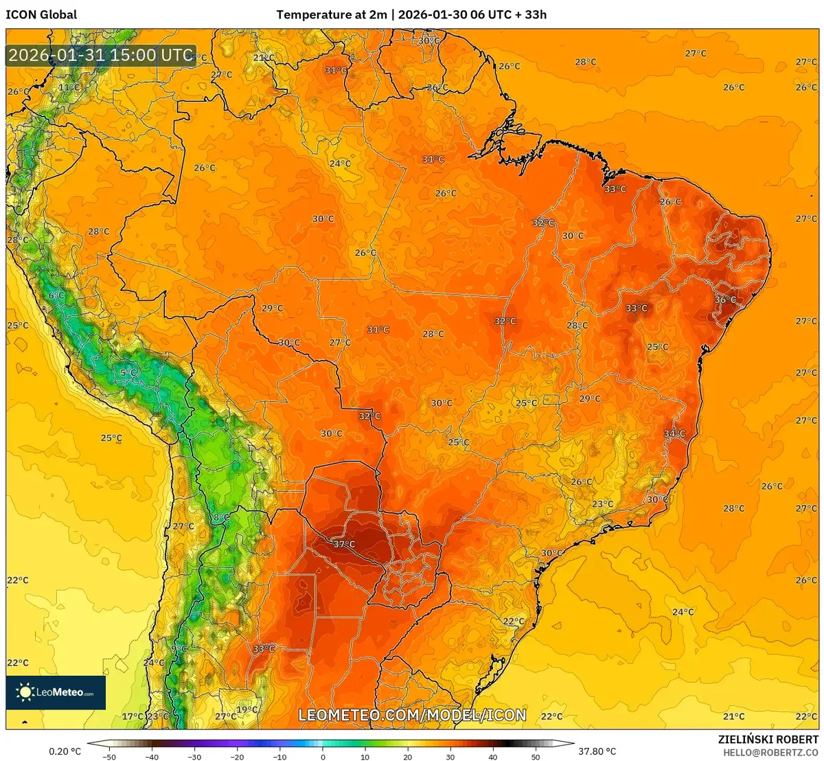 Temperaturas Máximas Durante o Dia no Brasil em 31 de janeiro de 2026