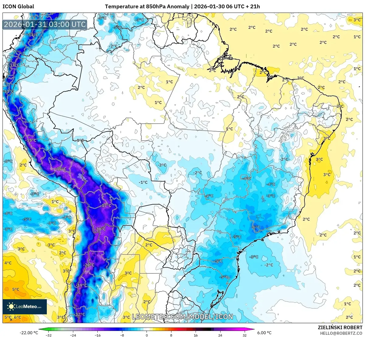 Anomalia de Temperatura em 850 hPa no Brasil em 31 de janeiro de 2026