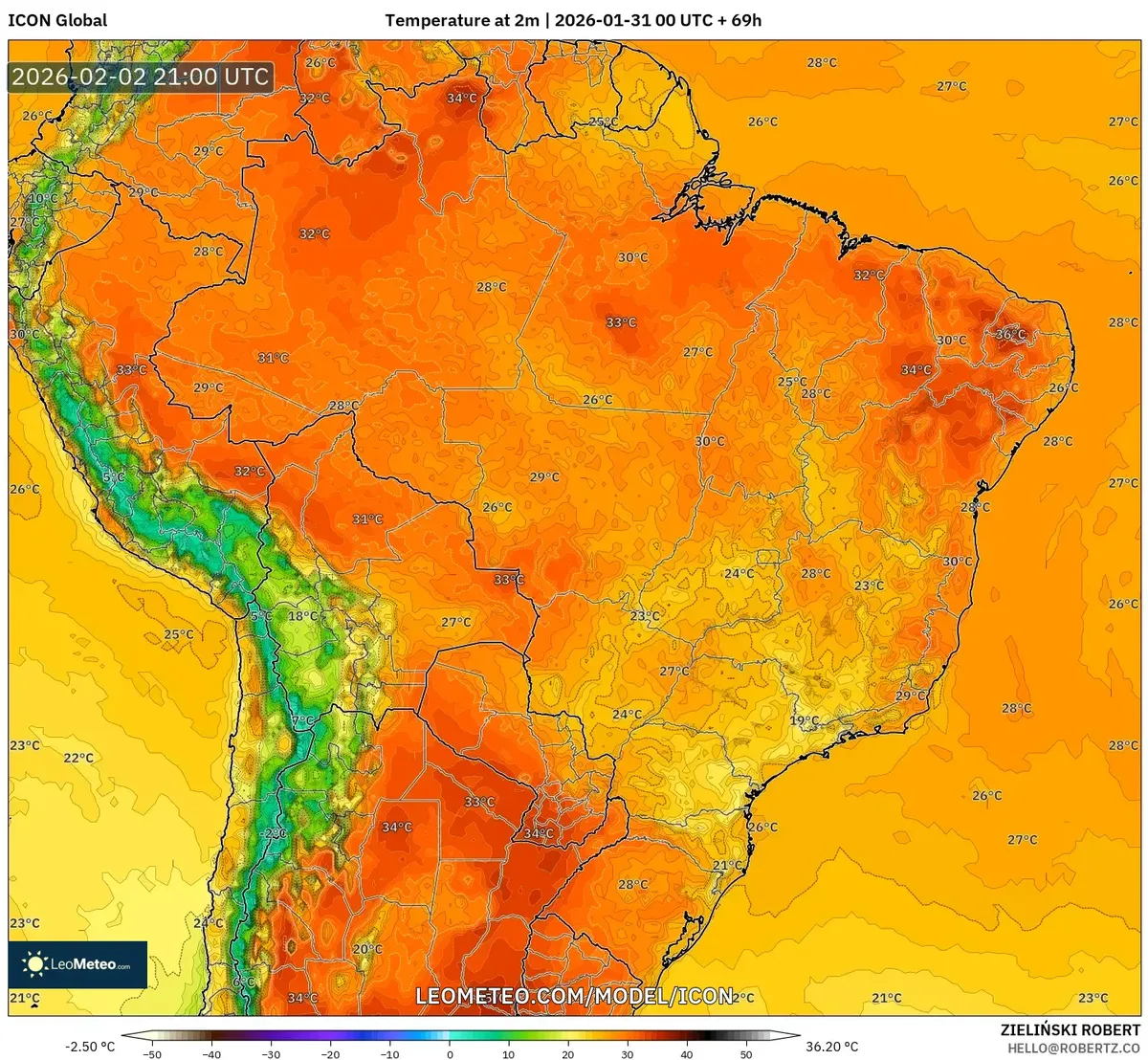 Temperatura Máxima Diurna em 2 de fevereiro de 2026