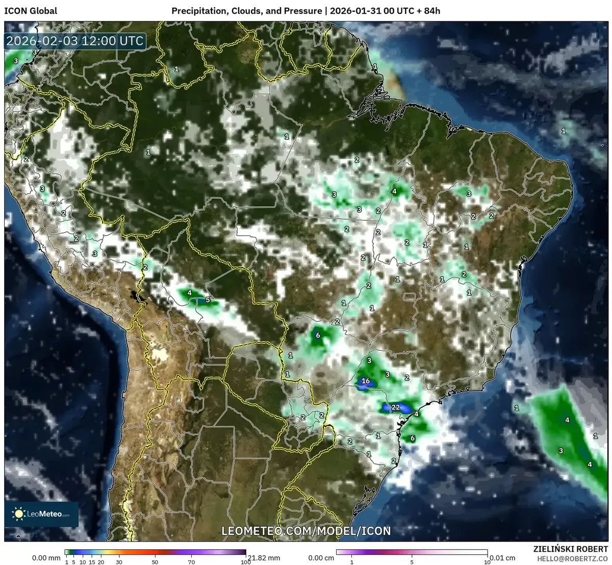 Nebulosidade e Precipitação no Brasil Central em 3 de fevereiro de 2026