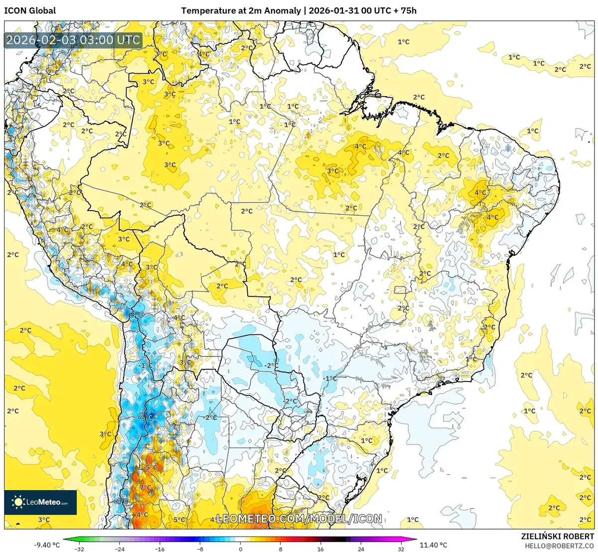 Anomalia de Temperatura em Todo o Brasil em 3 de fevereiro de 2026