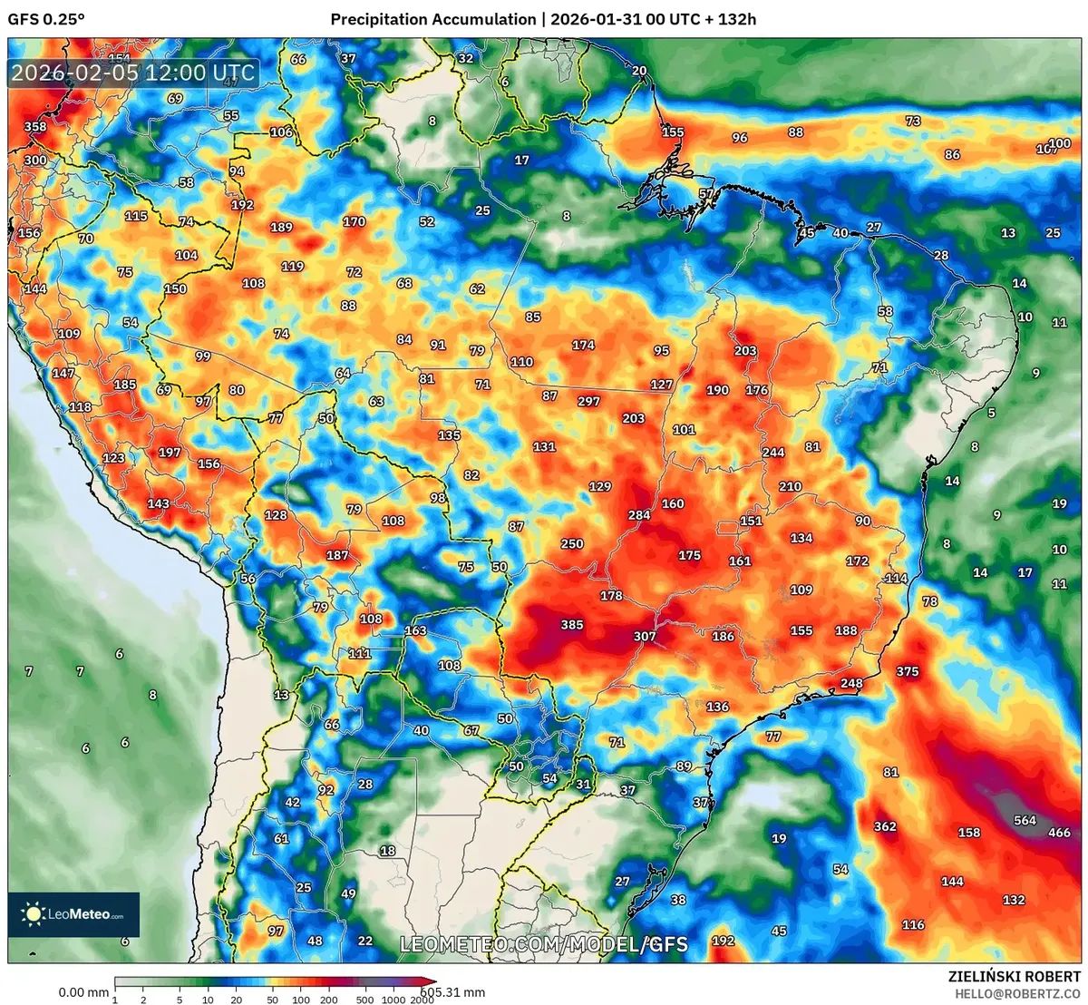 Acúmulo de Precipitação no Brasil Central em 5 de fevereiro de 2026