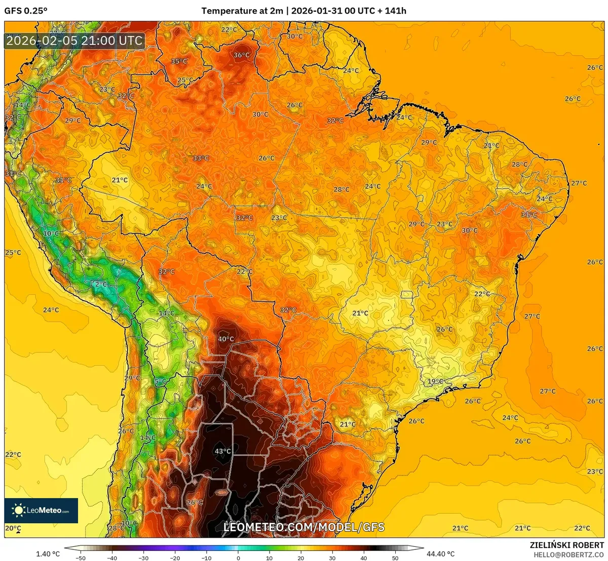 Temperaturas Máximas no Brasil Central em 5 de fevereiro de 2026