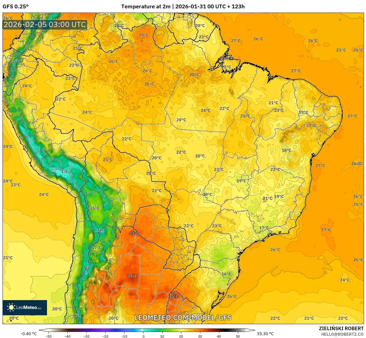 Temperaturas Elevadas em Todo o Sul do Brasil em 5 de fevereiro de 2026