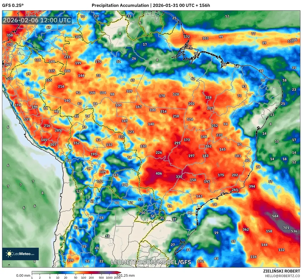 Acúmulo de Precipitação no Brasil Central e Sul em 6 de fevereiro de 2026