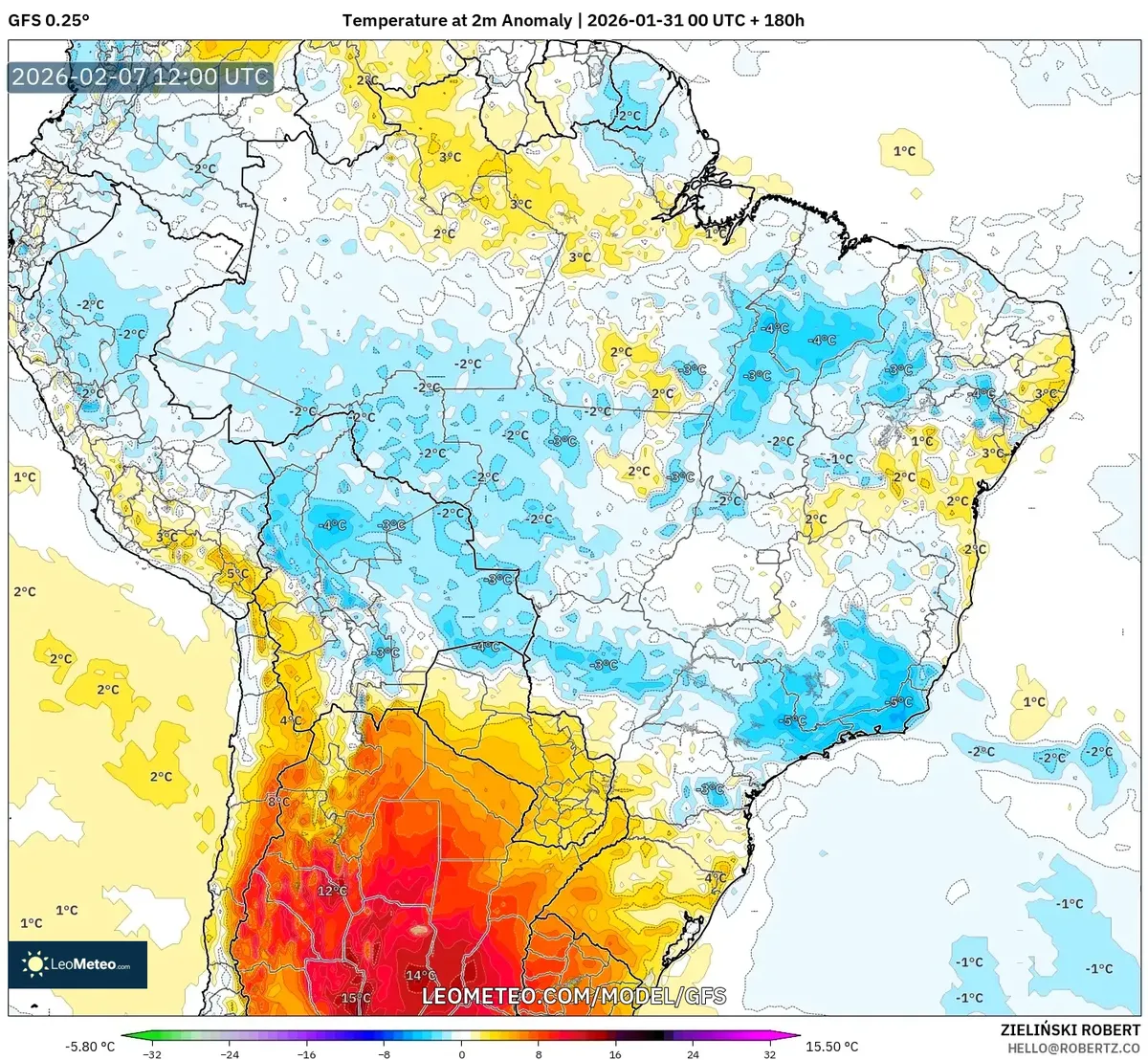 Anomalia de Temperatura sobre a Amazônia em 7 de fevereiro de 2026