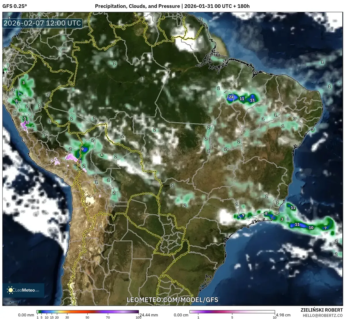 Nebulosidade e Precipitação em 7 de fevereiro de 2026