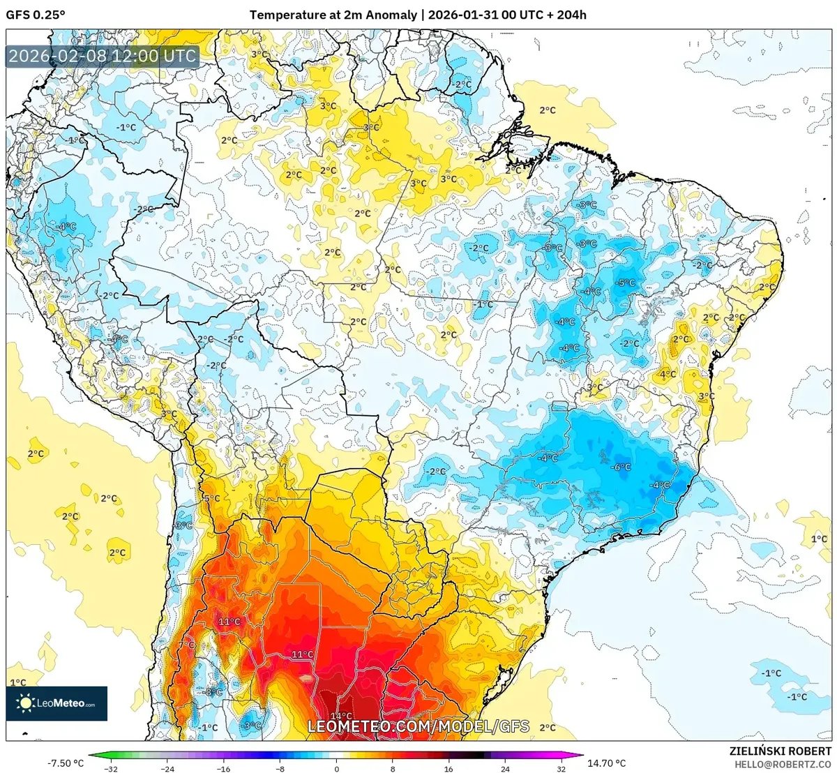 Anomalia de Temperatura sobre o Brasil Central em 8 de fevereiro de 2026