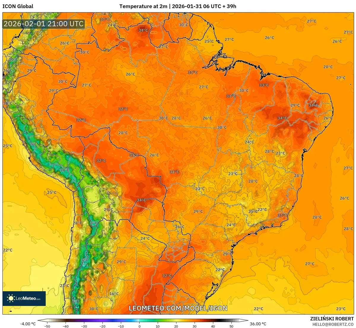 Anomalia de Temperatura Máxima nas Regiões Centrais em 1º de fevereiro de 2026