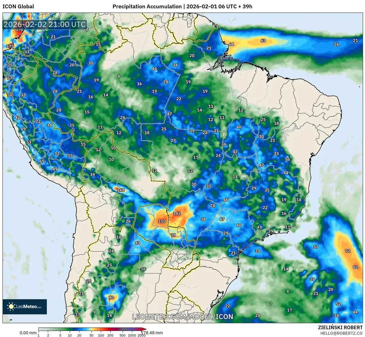 Acúmulo de chuva intensa no Centro do Brasil em 2 de fevereiro de 2026