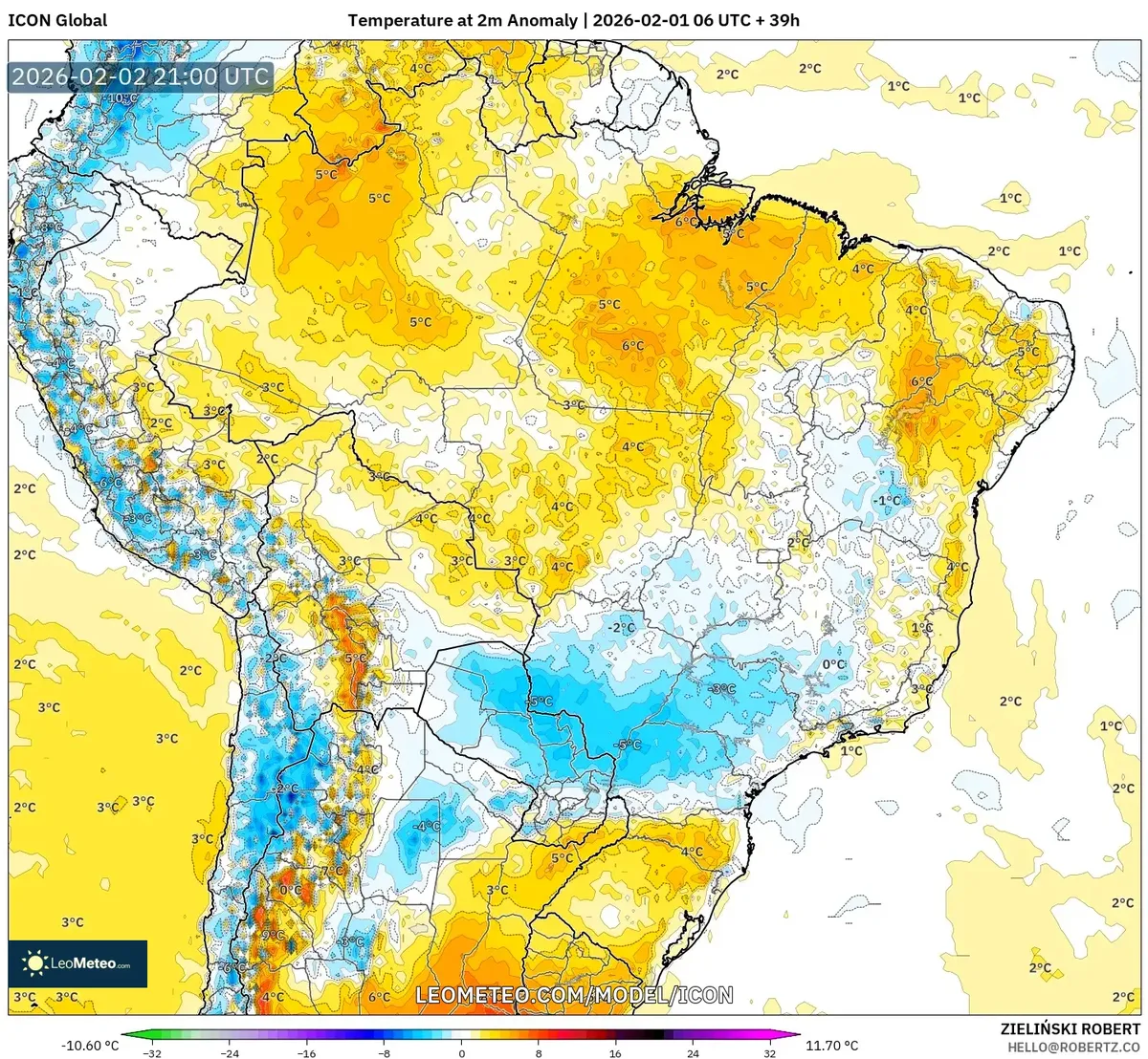 Anomalias de temperatura no Nordeste e regiões centrais em 2 de fevereiro de 2026