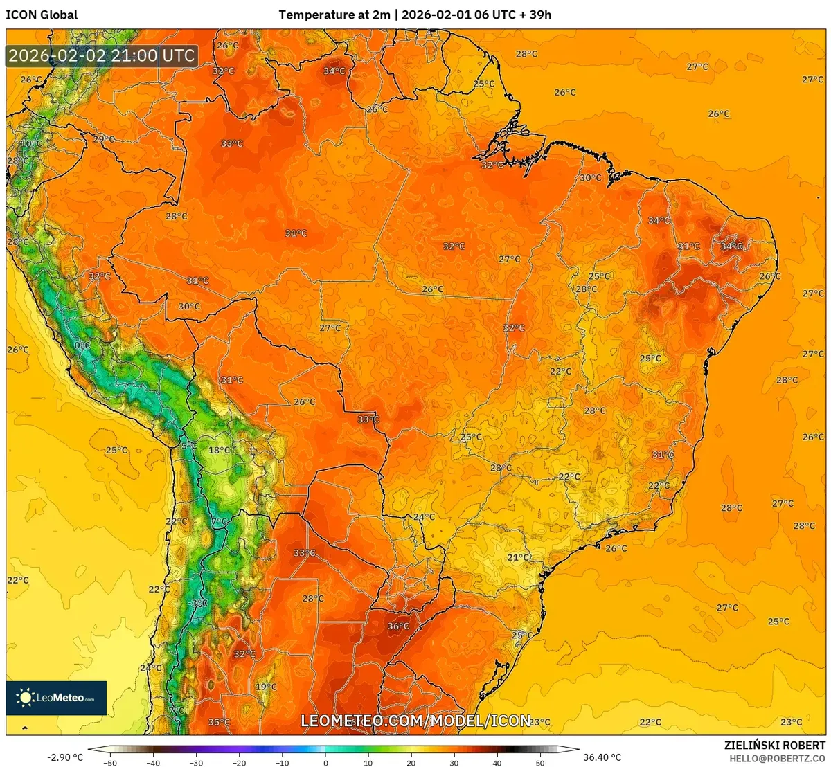 Temperaturas máximas no Sul e Leste do Brasil em 2 de fevereiro de 2026