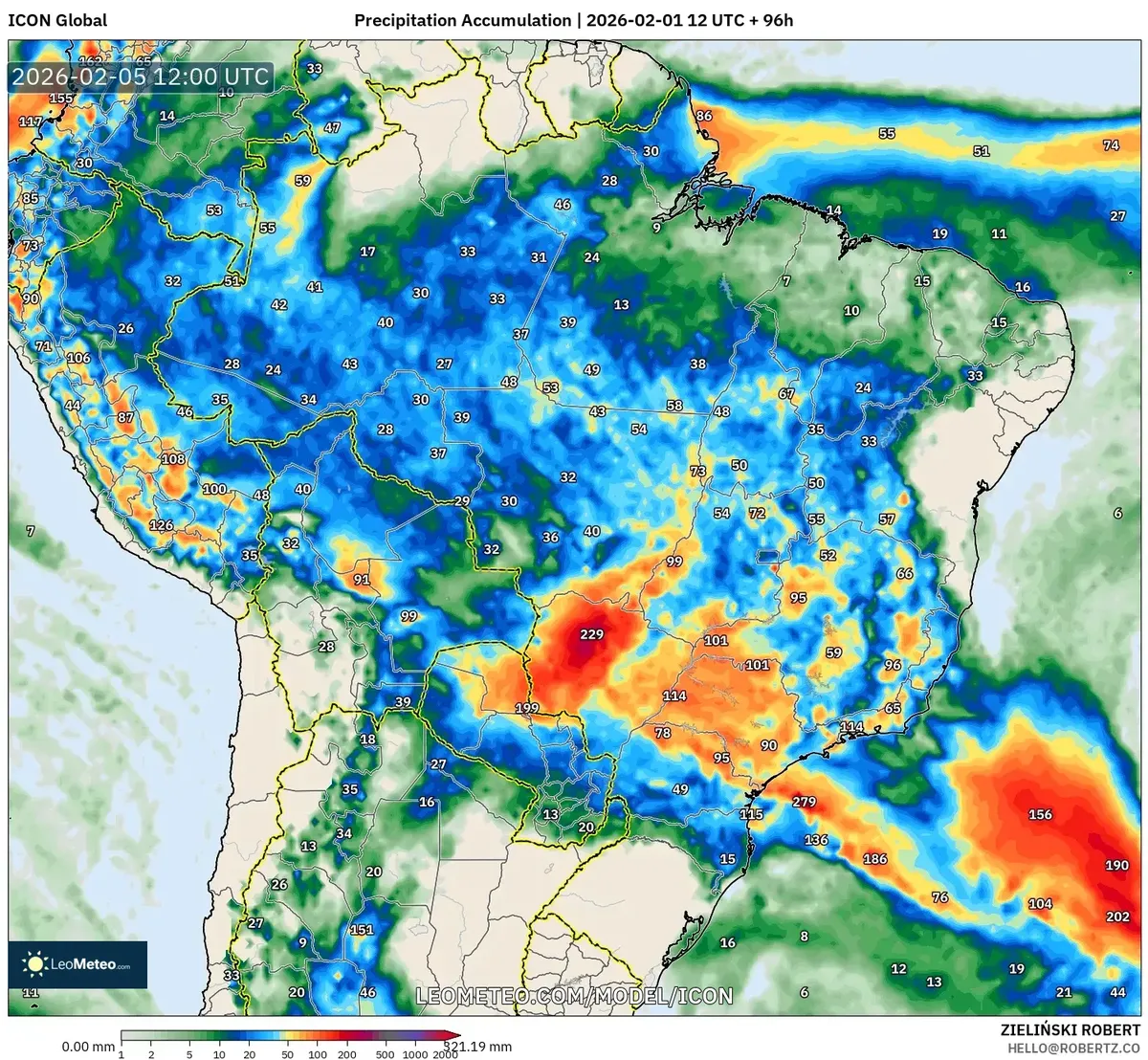 Mapa de acúmulo de chuva na manhã de 5 de fevereiro de 2026