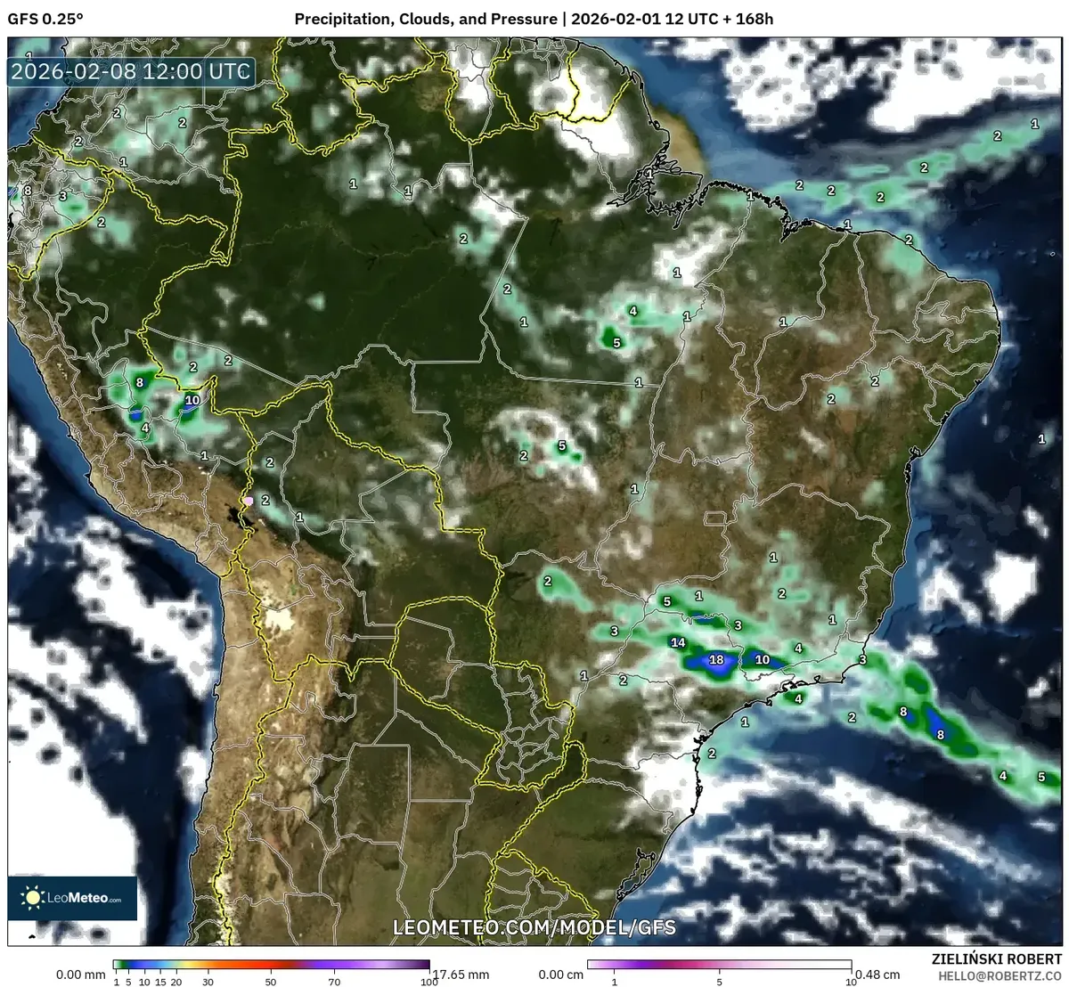 Pancadas e nuvens na manhã de 8 de fevereiro de 2026