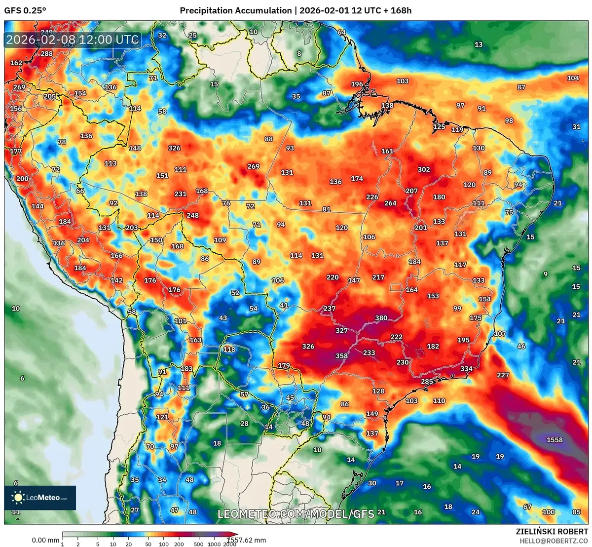 Acúmulo de precipitação no Brasil – 8 de fevereiro de 2026