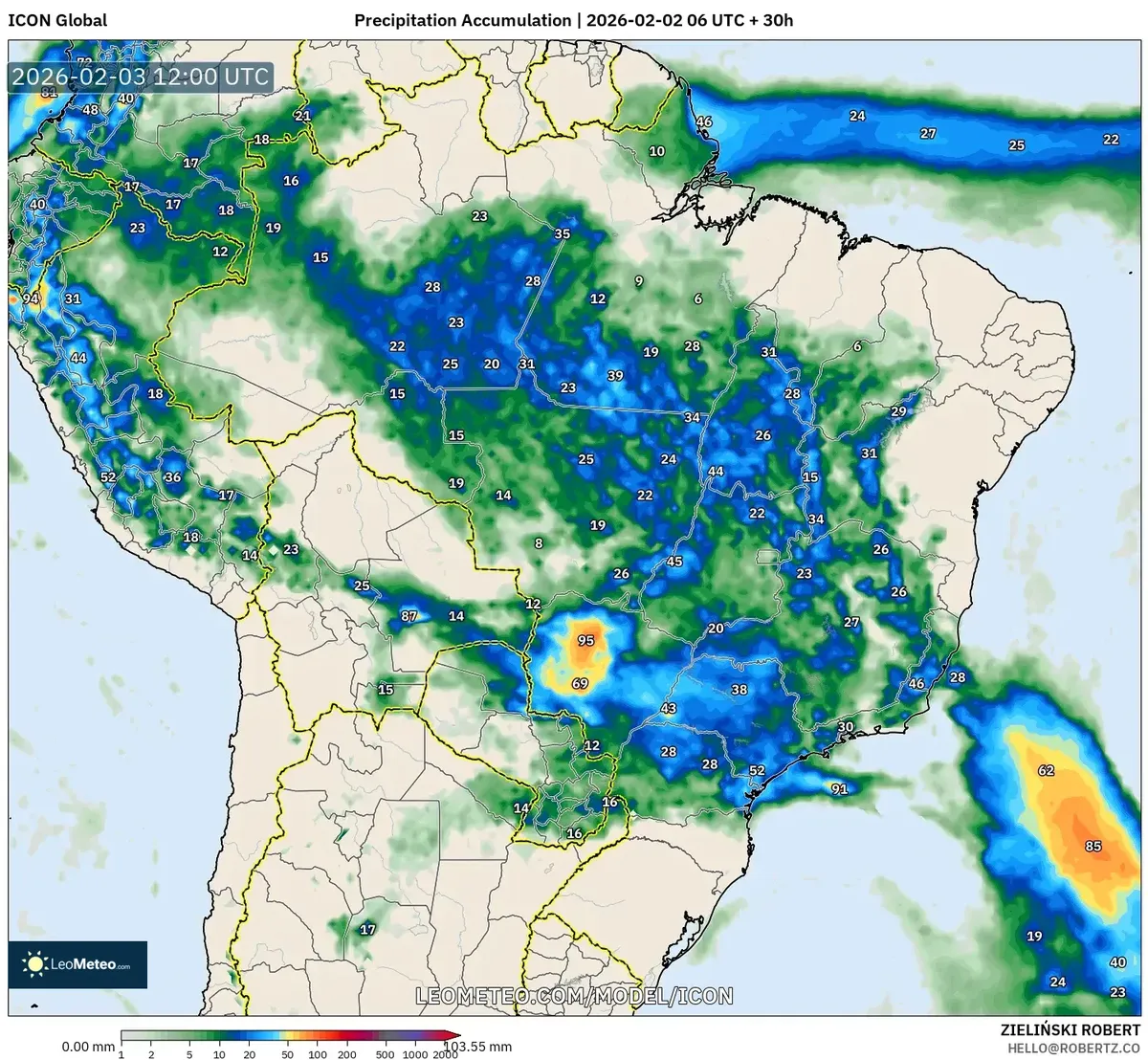 Chuva significativa no Sudeste do Brasil em 3 de fevereiro de 2026 (ICON)