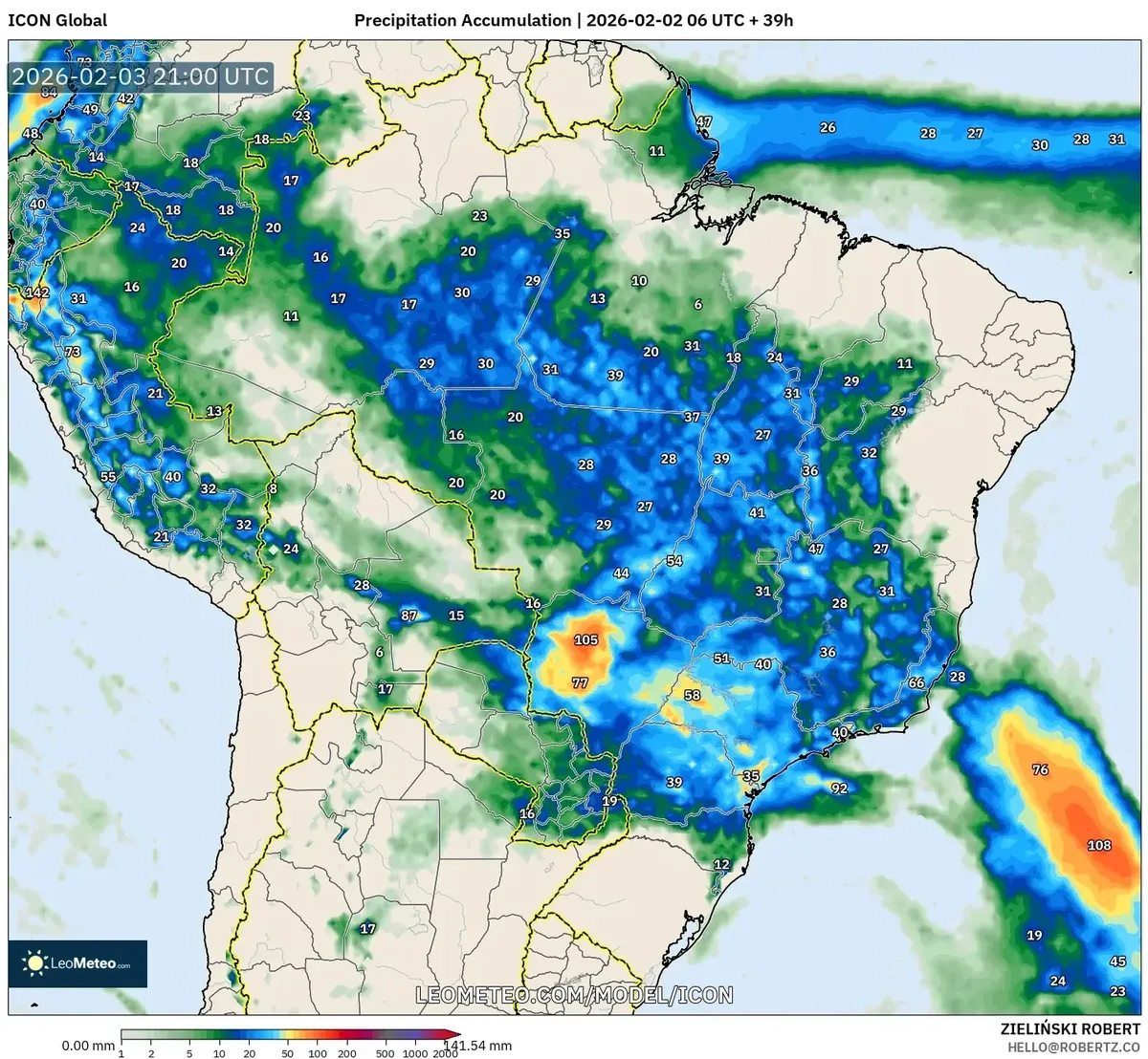 Pico de acumulado de chuva na região de São Paulo em 3 de fevereiro de 2026 (ICON)