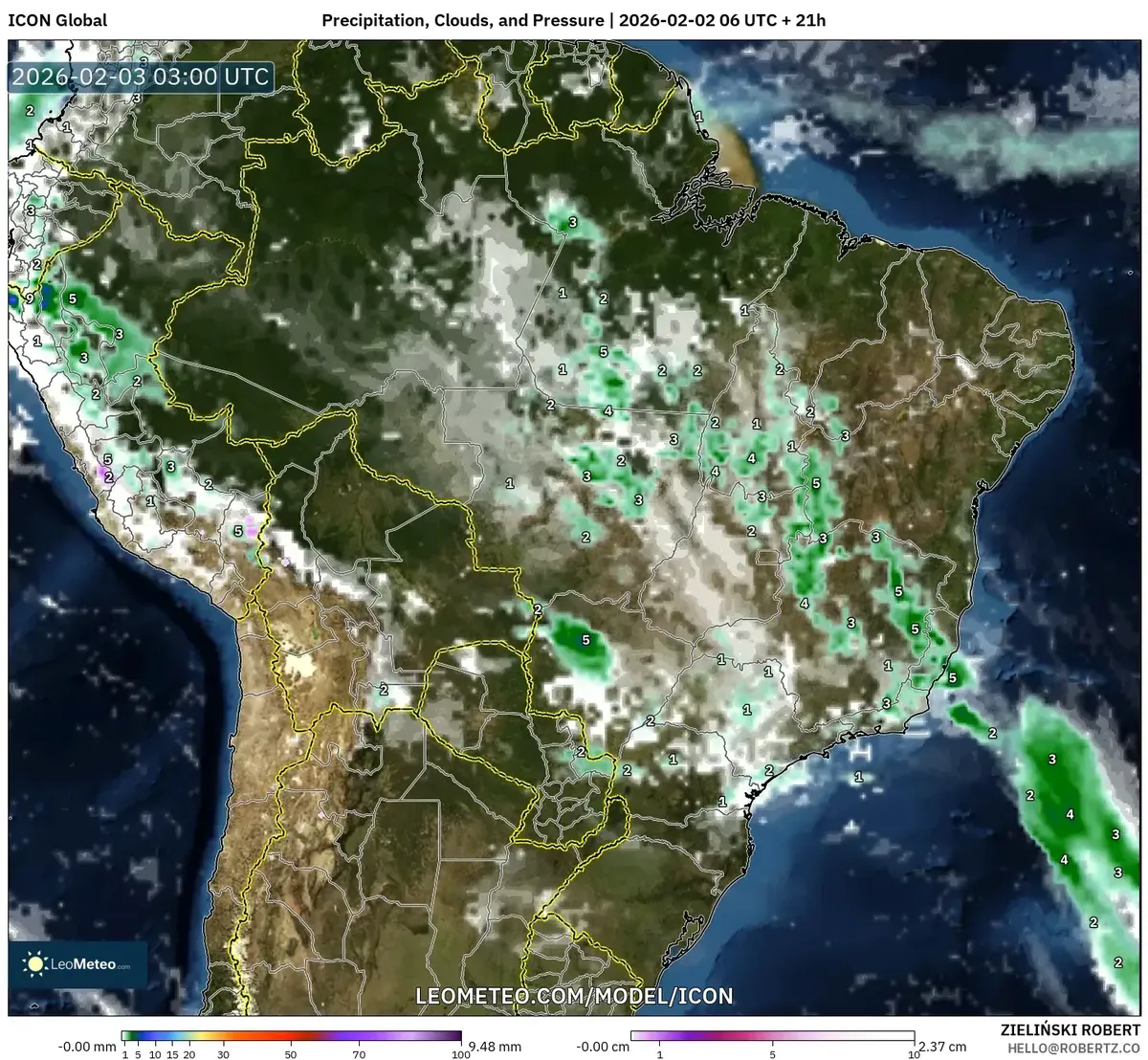 Padrão de precipitação, nuvens, temperatura e pressão em 3 de fevereiro de 2026 (ICON)
