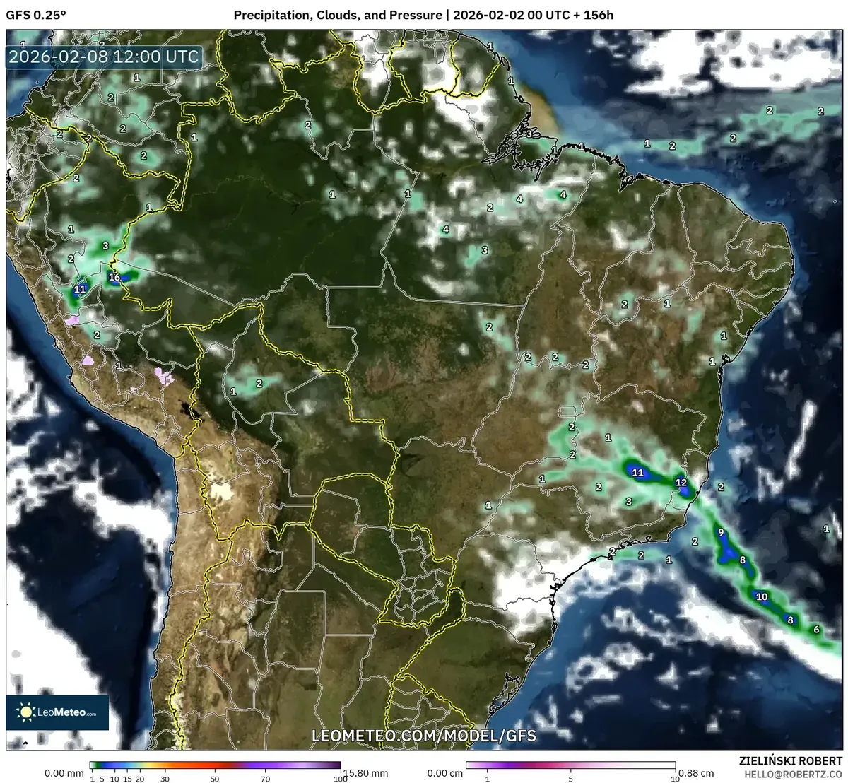 Padrão de Precipitação, Nuvens, Temperatura e Pressão em 8 de fevereiro de 2026