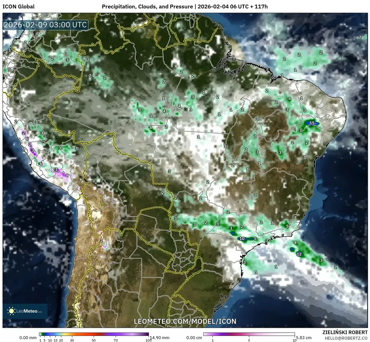 Início nublado com pancadas de chuva no Brasil em 9 de fevereiro de 2026
