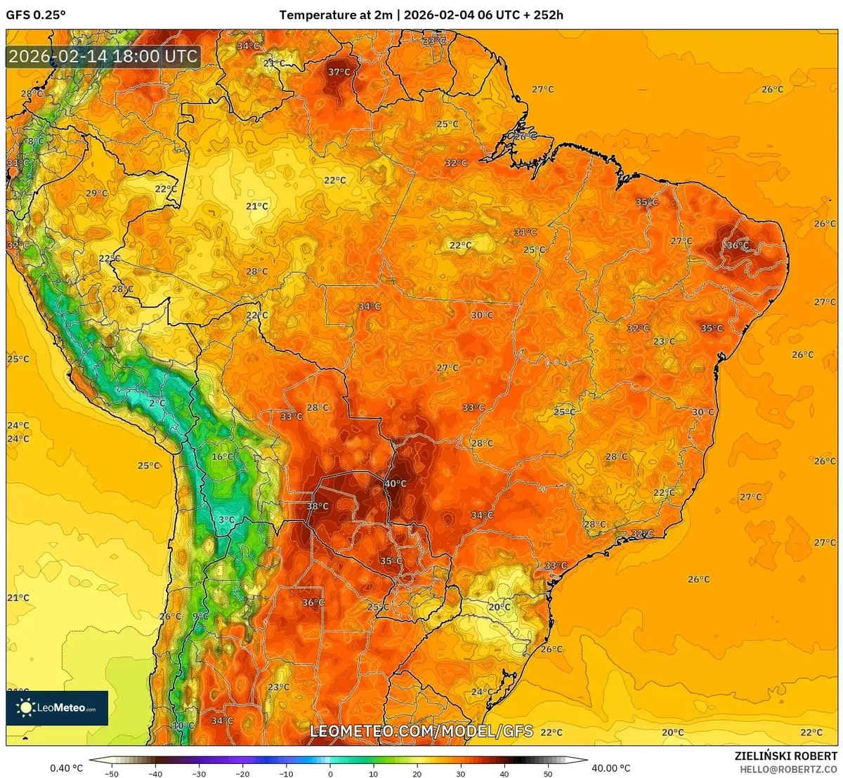 Temperaturas máximas da tarde em todo o Brasil em 14 de fevereiro de 2026