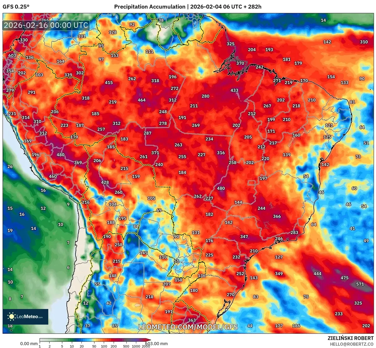 Precipitação significativa na região amazônica em 15 de fevereiro de 2026