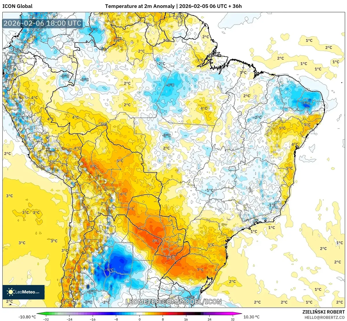Nuvens e potencial de precipitação no início da manhã de 6 de fevereiro de 2026 (ICON)
