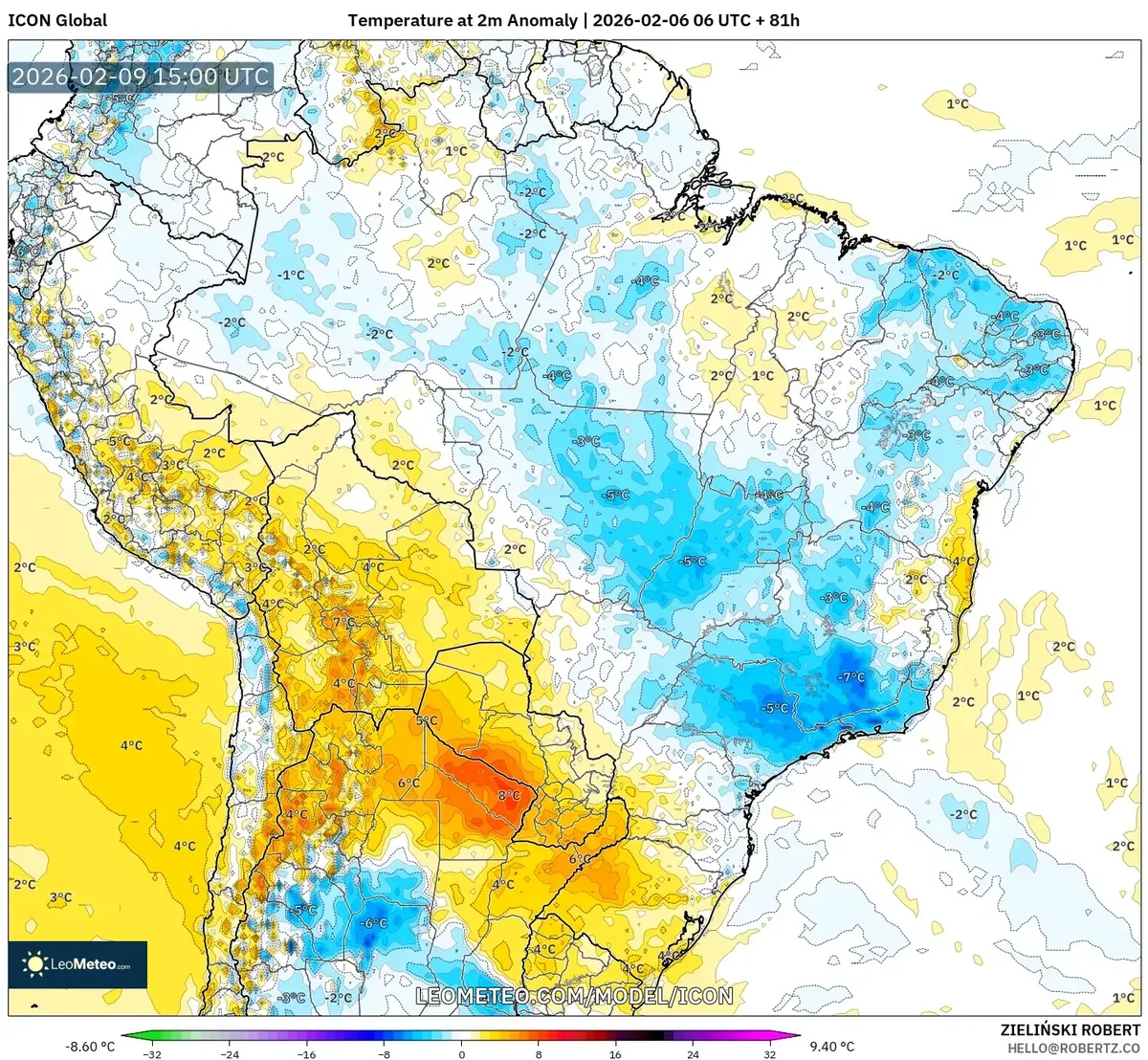 Anomalias de temperatura no Brasil em 9 de fevereiro de 2026 (ICON)
