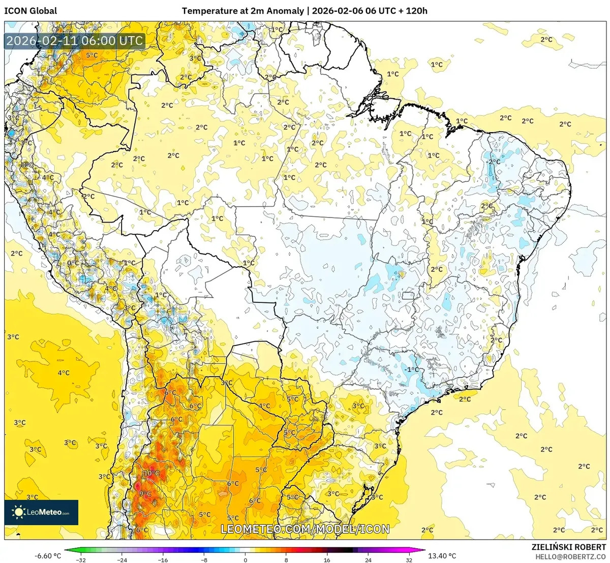 Anomalias de temperatura no Brasil em 11 de fevereiro de 2026 (ICON)