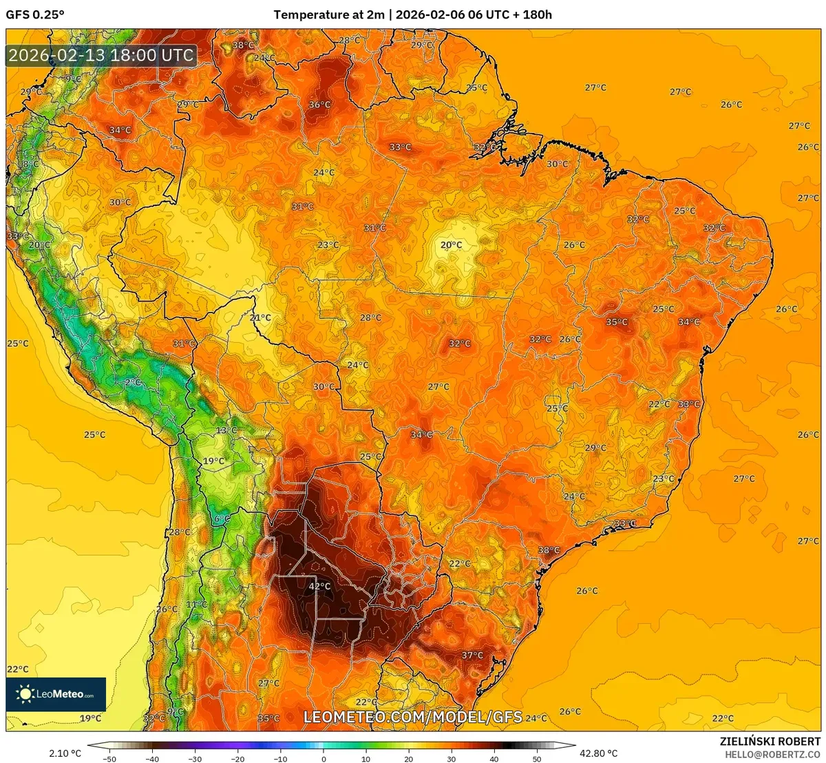 Temperaturas máximas em pico em grande parte do Brasil em 13 de fevereiro de 2026 (GFS)
