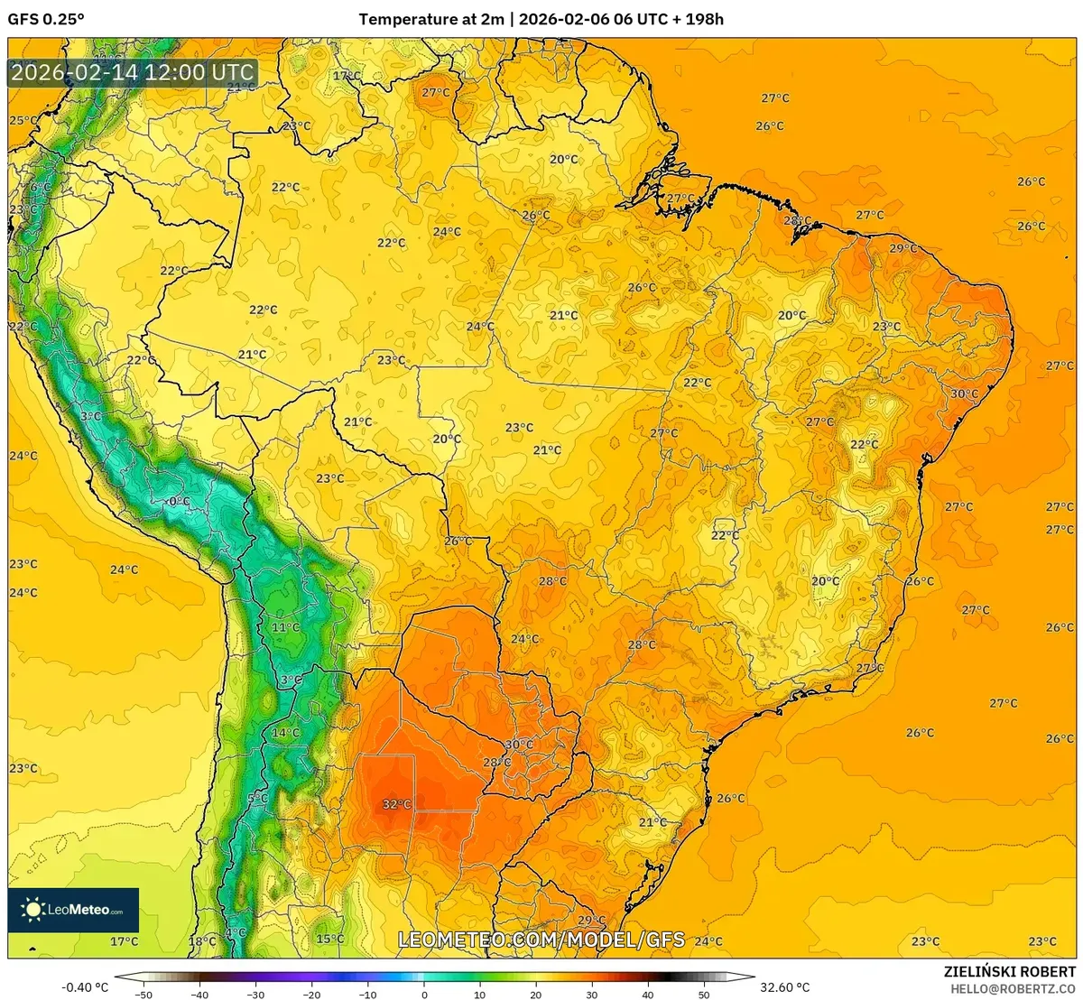 Pico de calor à tarde no Sudeste em 14 de fevereiro de 2026 (GFS)