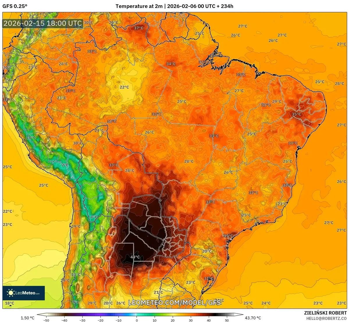 Temperaturas elevadas no Sudeste em 15 de fevereiro de 2026 (GFS)