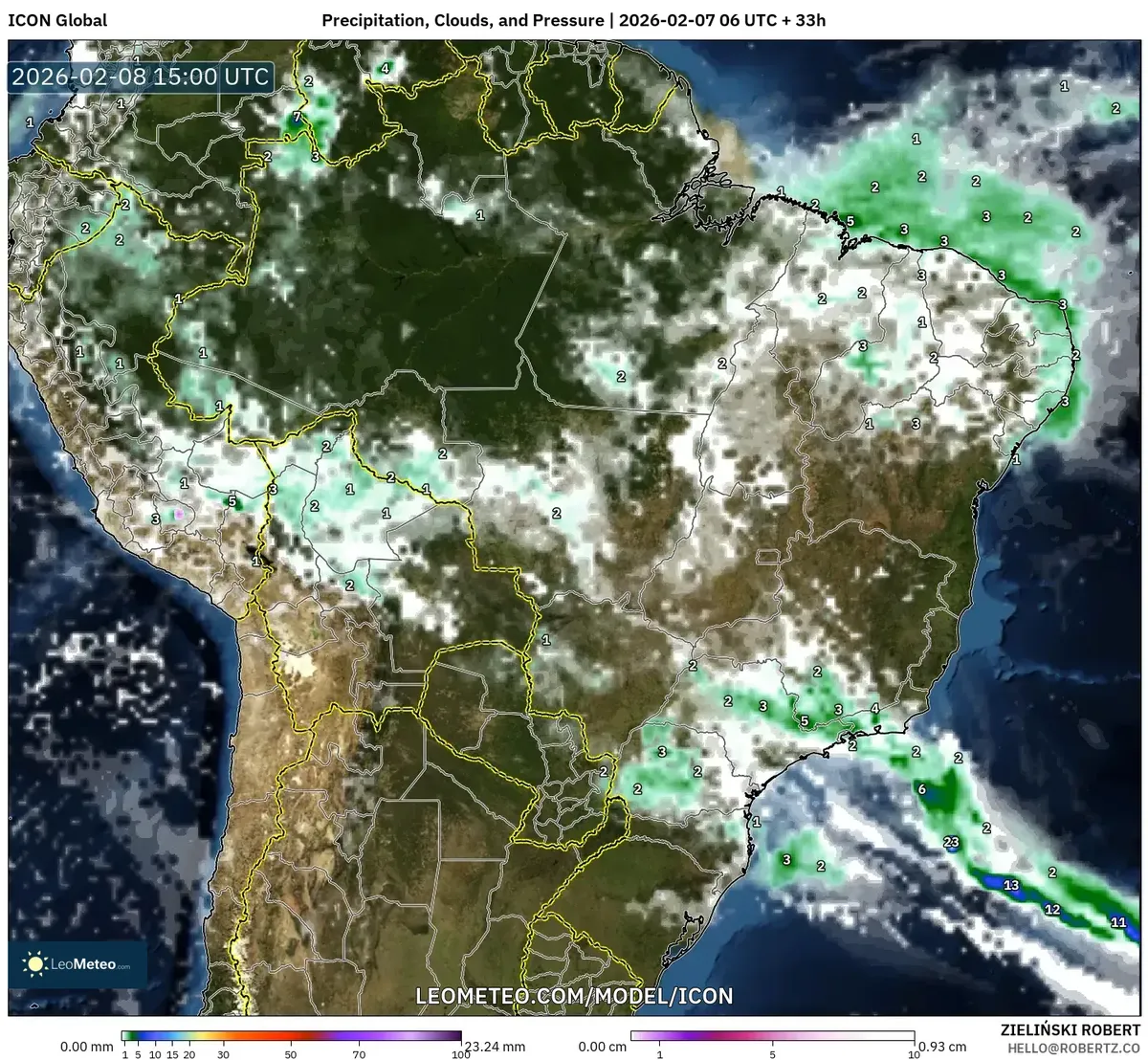 Pancadas de Chuva Significativas no Sudeste do Brasil em 8 de fevereiro de 2026 (ICON)